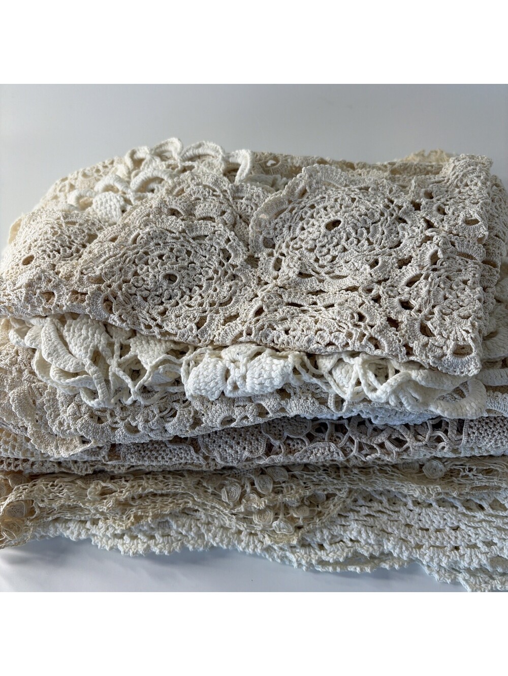 Vintage Crochet Table Runner Lot of 12 Handmade Lace Doilies White Ecru Floral - Picture 2 of 14